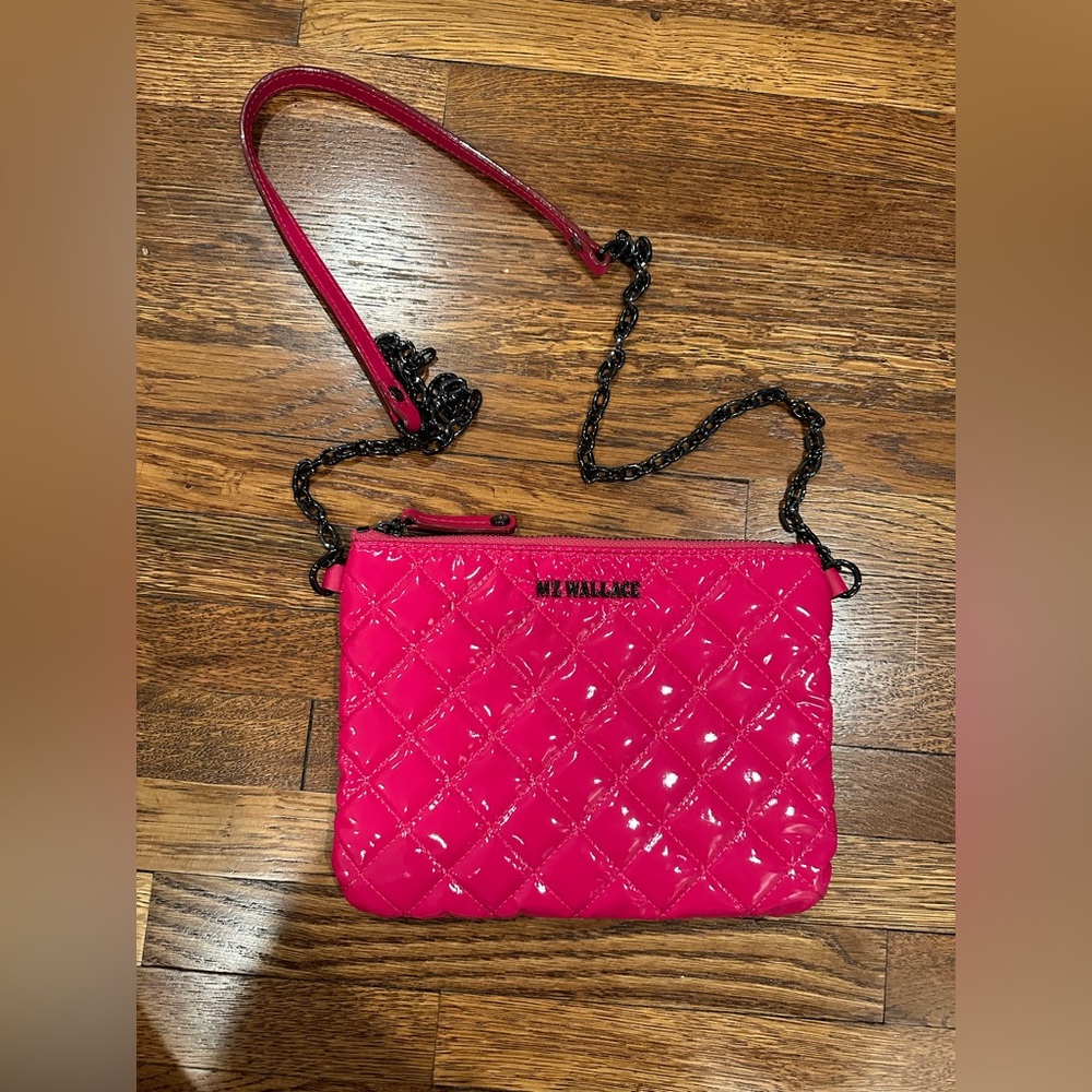 MZ Wallace Quilted Patent Crossbody in Hot Pink with Black Chain